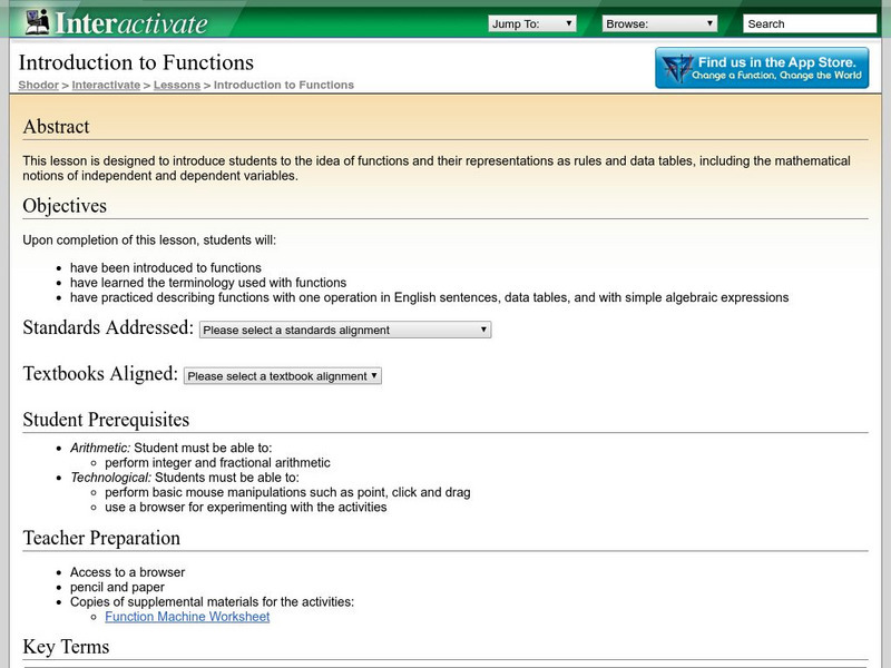 Shodor Interactivate: Lesson: Introduction to Functions Lesson Plan Shodor Interactivate: Lesson: Introduction to Functions Lesson Plan