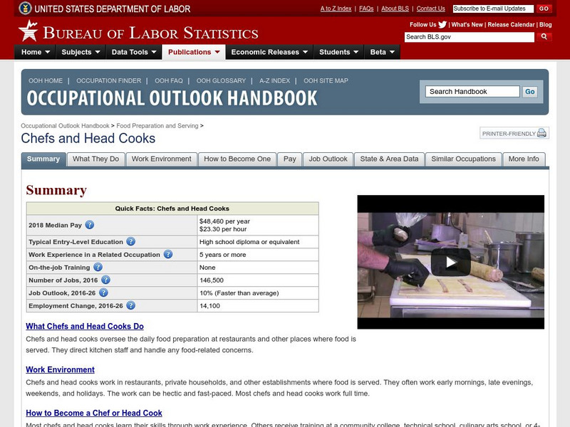 Bureau of Labor Statistics: Chefs and Head Cooks Handout