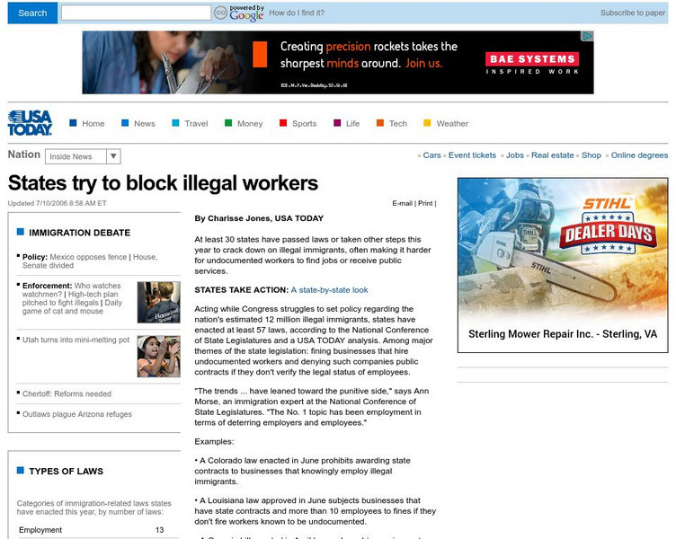 Usa Today: States Try to Block Illegal Workers Article Usa Today: States Try to Block Illegal Workers Article