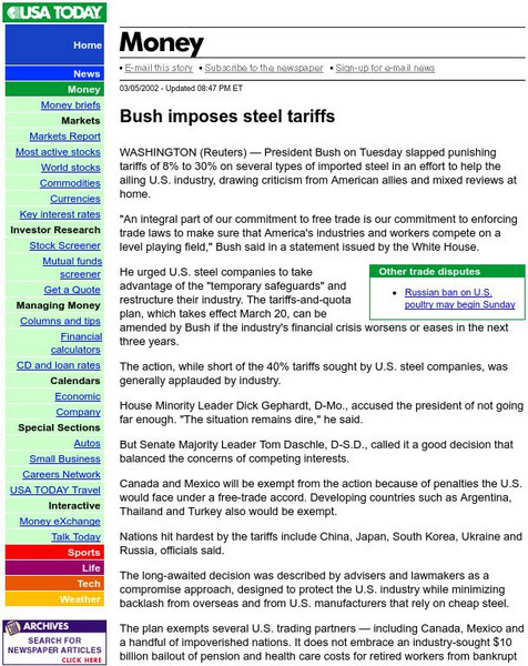 Usa Today: Bush Imposes Steel Tariffs Article Usa Today: Bush Imposes Steel Tariffs Article
