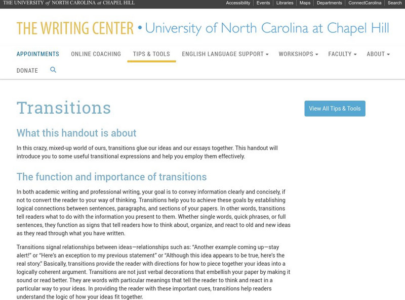 University of North Carolina: Writing Transitions Handout University of North Carolina: Writing Transitions Handout