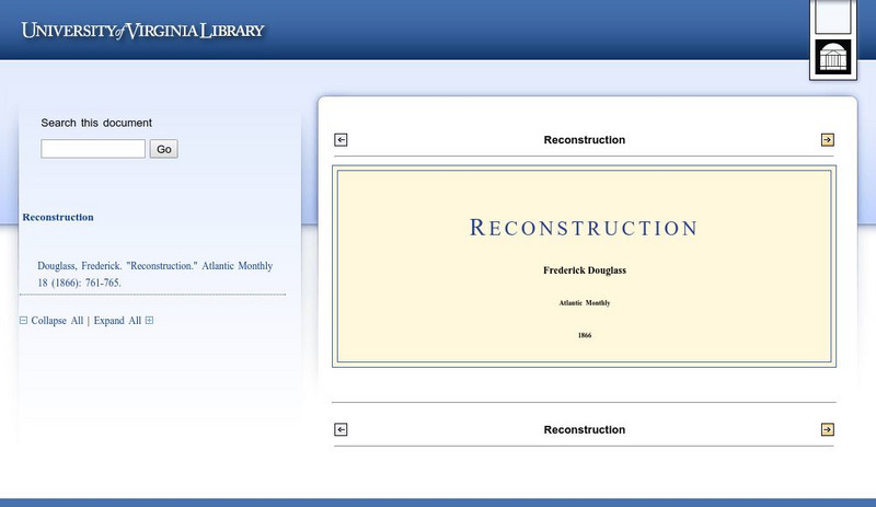 The University of Virginia Library: Reconstruction, by Fredrick Douglass Primary The University of Virginia Library: Reconstruction, by Fredrick Douglass Primary