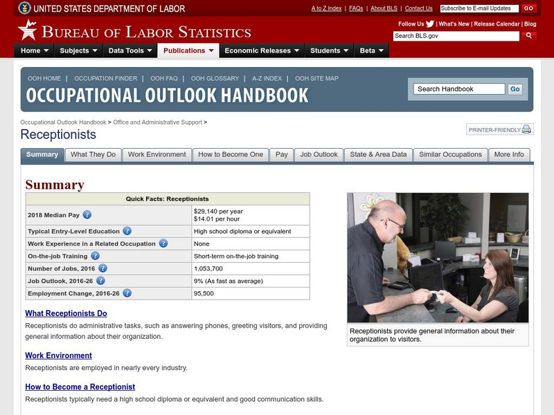 Bureau of Labor Statistics: Receptionist Handout