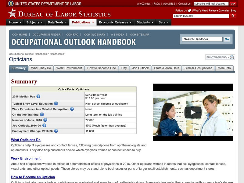 Bureau of Labor Statistics: Opticians, Dispensing Handout Bureau of Labor Statistics: Opticians, Dispensing Handout