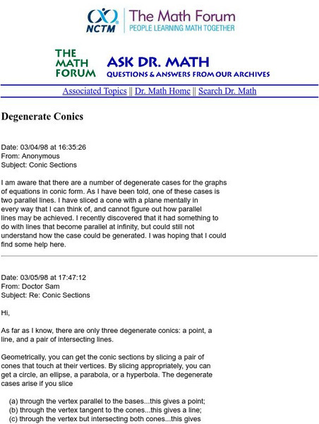 The Math Forum: Types of Degernate Conics Website The Math Forum: Types of Degernate Conics Website