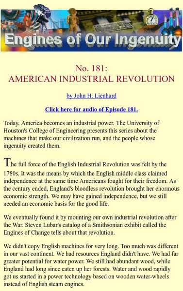 University of Houston: Engines of Our Ingenuity: American Industrial Revolution Handout University of Houston: Engines of Our Ingenuity: American Industrial Revolution Handout