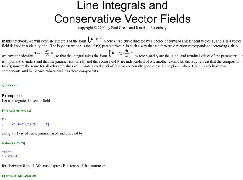 University of Maryland: Line Integrals and Conservative Vector Fields Website University of Maryland: Line Integrals and Conservative Vector Fields Website