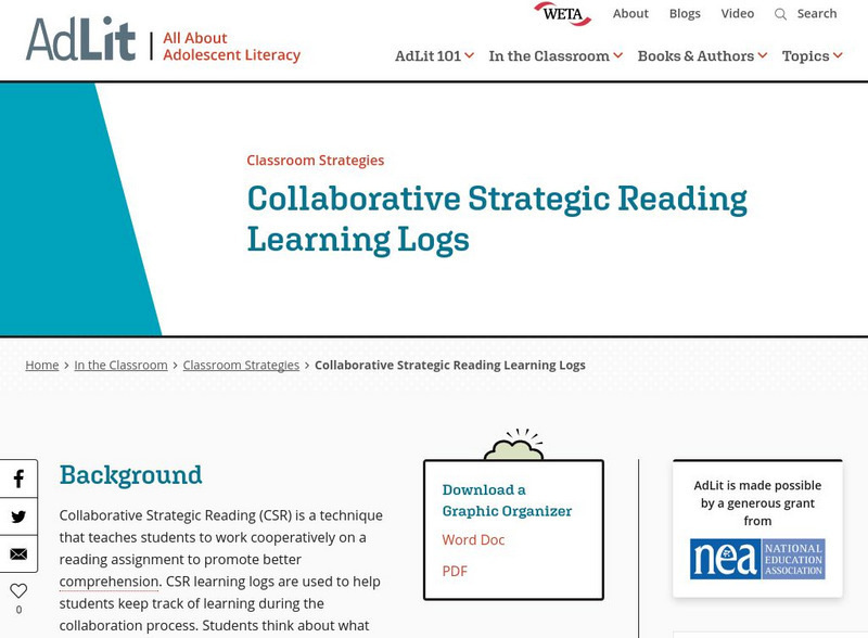 Ad lit.org: Classroom Strategies: Collaborative Strategic Reading Learning Logs Professional Doc Ad lit.org: Classroom Strategies: Collaborative Strategic Reading Learning Logs Professional Doc