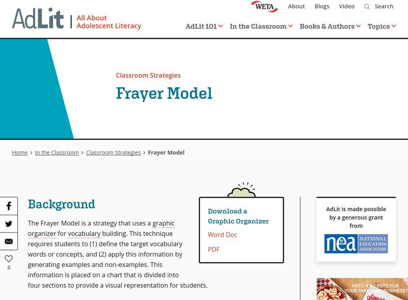 Ad lit.org: Classroom Strategies: Frayer Model Professional Doc Ad lit.org: Classroom Strategies: Frayer Model Professional Doc