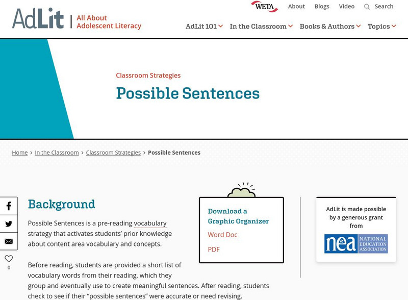 Ad lit.org: Classroom Strategies: Possible Sentences Professional Doc Ad lit.org: Classroom Strategies: Possible Sentences Professional Doc