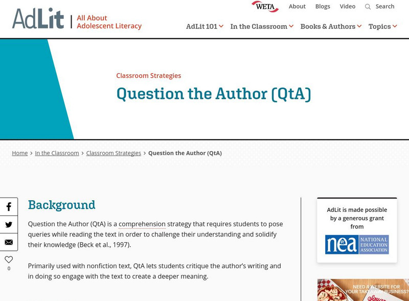 Ad lit.org: Classroom Strategies: Question the Author (Qt A) Professional Doc Ad lit.org: Classroom Strategies: Question the Author (Qt A) Professional Doc