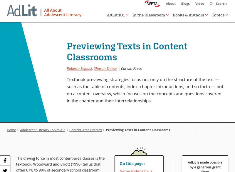 Ad lit.org: Previewing Texts in Content Classrooms Article Ad lit.org: Previewing Texts in Content Classrooms Article