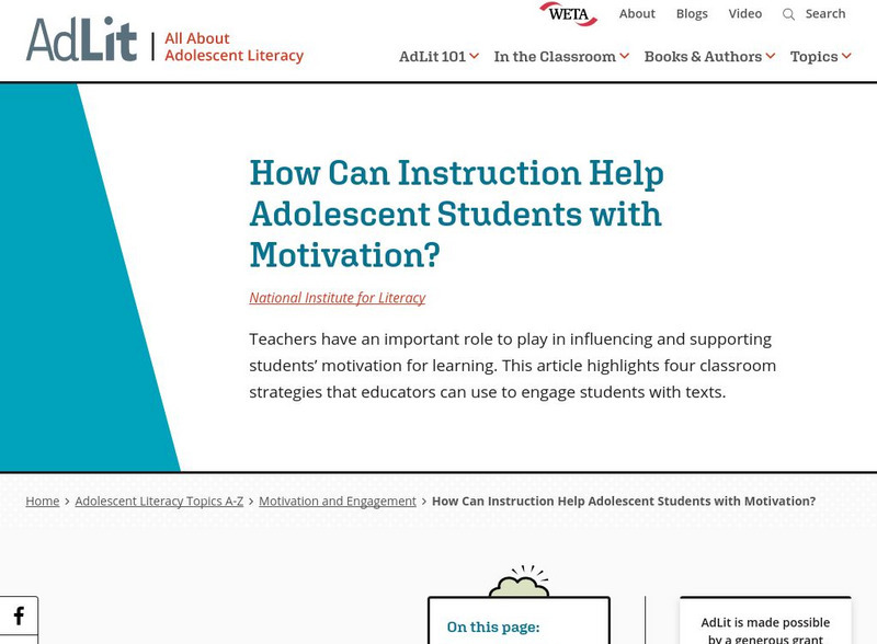 Ad lit.org: How Can Instruction Help Adolescent Students With Motivation? Article Ad lit.org: How Can Instruction Help Adolescent Students With Motivation? Article