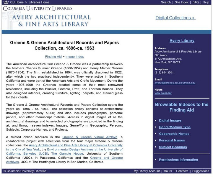 Columbia University Libraries: Greene & Greene Architectural Records and Papers Handout Columbia University Libraries: Greene & Greene Architectural Records and Papers Handout