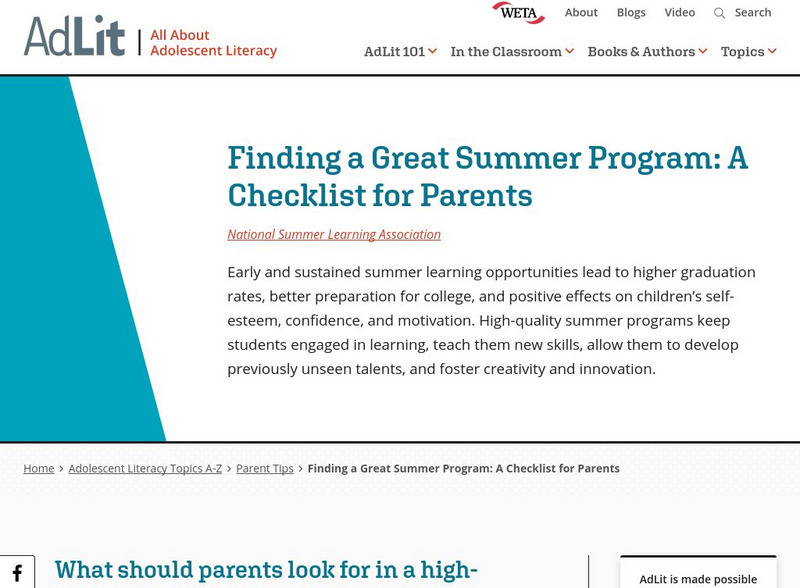 Ad lit.org: Finding a Great Summer Program: A Checklist for Parents Article Ad lit.org: Finding a Great Summer Program: A Checklist for Parents Article