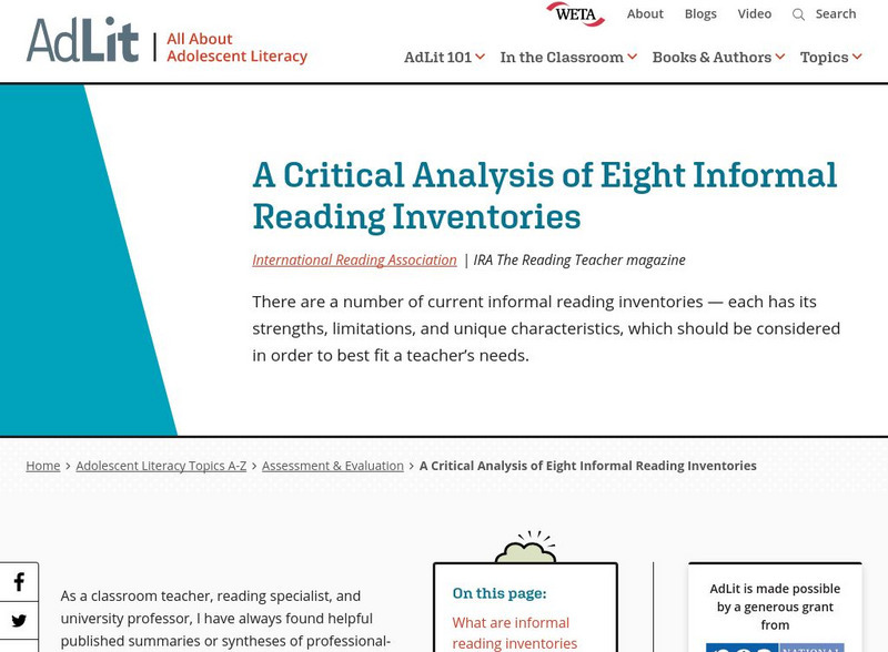 Ad lit.org: A Critical Analysis of Eight Informal Reading Inventories Professional Doc Ad lit.org: A Critical Analysis of Eight Informal Reading Inventories Professional Doc