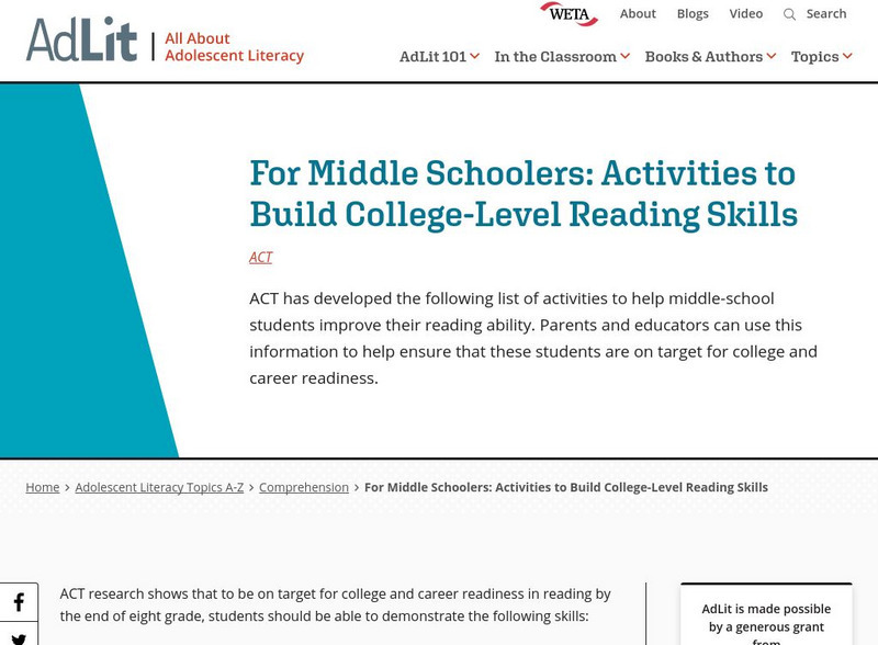 Ad lit.org: For Middle Schoolers: Activities to Build College Level Reading Skills Professional Doc Ad lit.org: For Middle Schoolers: Activities to Build College Level Reading Skills Professional Doc
