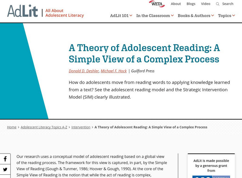 Ad lit.org: A Theory of Adolescent Reading: A Simple View of a Complex Process Professional Doc