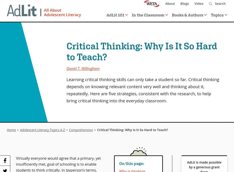 Ad lit.org: Critical Thinking: Why Is It So Hard to Teach? Professional Doc Ad lit.org: Critical Thinking: Why Is It So Hard to Teach? Professional Doc