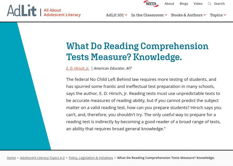 Ad lit.org: What Do Reading Comprehension Tests Measure? Knowledge. Professional Doc