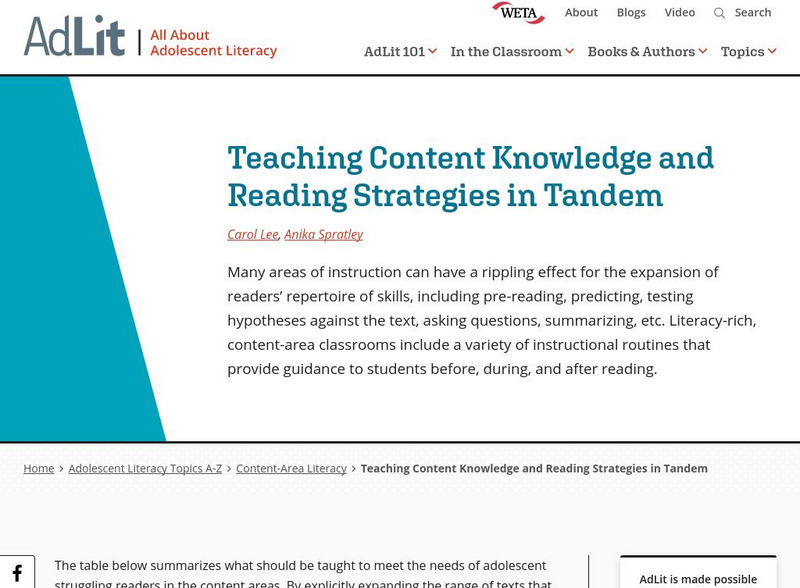 Ad lit.org: Teaching Content Knowledge and Reading Strategies in Tandem Professional Doc Ad lit.org: Teaching Content Knowledge and Reading Strategies in Tandem Professional Doc