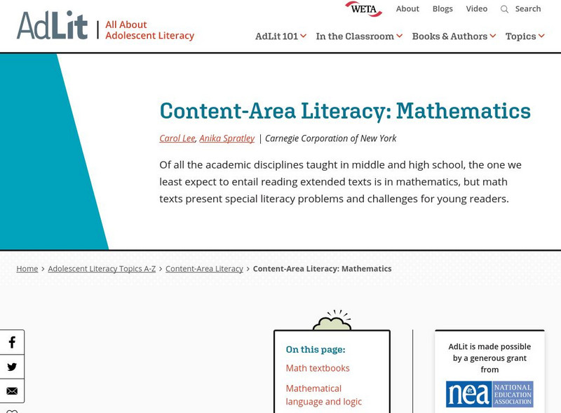 Ad lit.org: Content Area Literacy: Mathematics Article Ad lit.org: Content Area Literacy: Mathematics Article