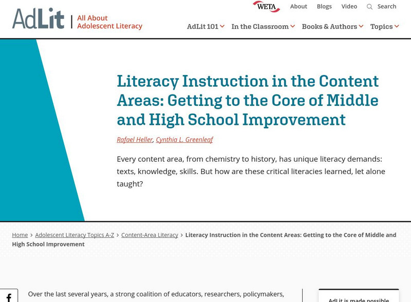 Ad lit.org: Literacy Instruction in the Content Areas: The Core of Improvement Article Ad lit.org: Literacy Instruction in the Content Areas: The Core of Improvement Article