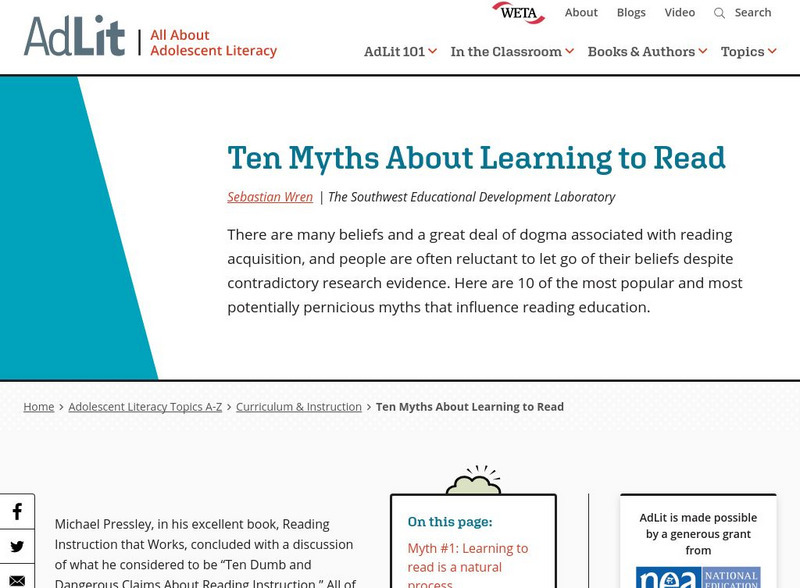 Ad lit.org: Ten Myths About Learning to Read Professional Doc Ad lit.org: Ten Myths About Learning to Read Professional Doc