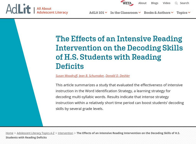 Ad lit.org: Effects of Intensive Reading Intervention of Decoding Skills Professional Doc Ad lit.org: Effects of Intensive Reading Intervention of Decoding Skills Professional Doc