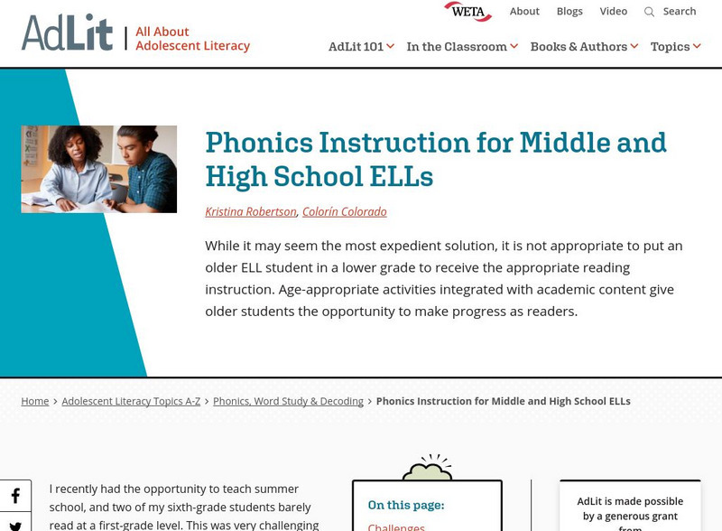 Ad lit.org: Phonics Instruction for Middle and High School El Ls Article Ad lit.org: Phonics Instruction for Middle and High School El Ls Article