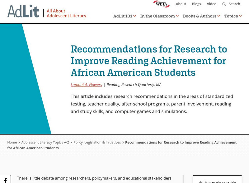 Ad lit.org: Improve Reading Achievement for African American Students Professional Doc Ad lit.org: Improve Reading Achievement for African American Students Professional Doc