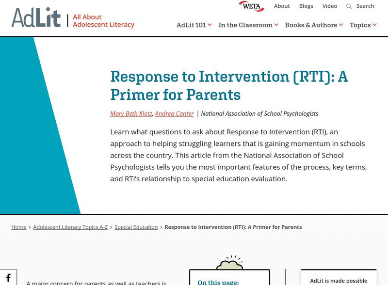 Ad lit.org: Response to Intervention (Rti): A Primer for Parents Professional Doc Ad lit.org: Response to Intervention (Rti): A Primer for Parents Professional Doc