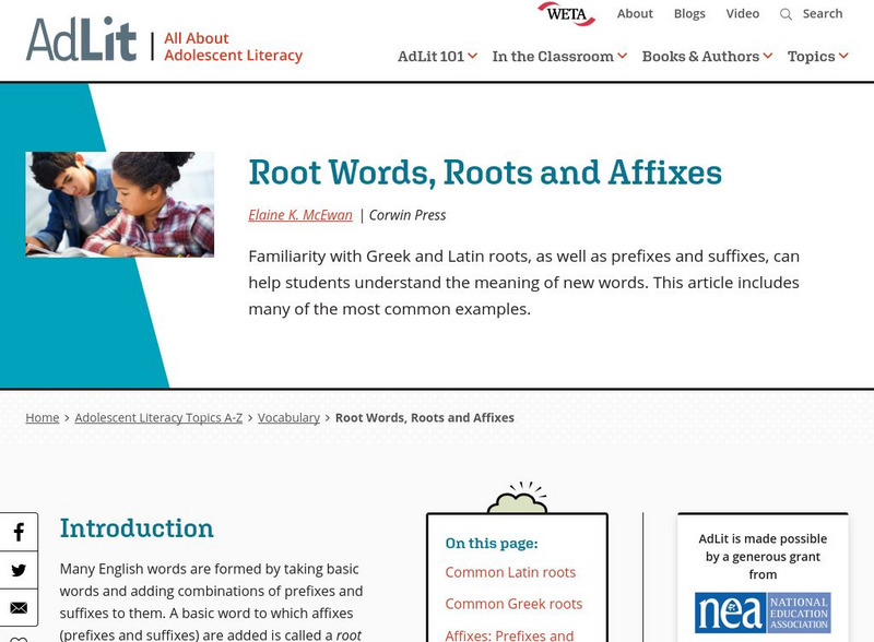 Ad lit.org: Root Words, Roots and Affixes Professional Doc Ad lit.org: Root Words, Roots and Affixes Professional Doc