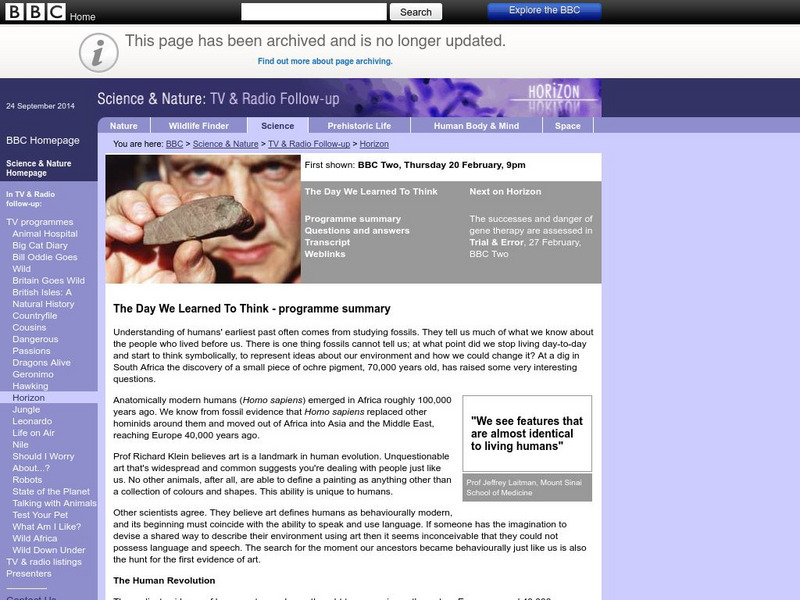 Bbc: Science and Nature: The Day We Learned to Think Website Bbc: Science and Nature: The Day We Learned to Think Website