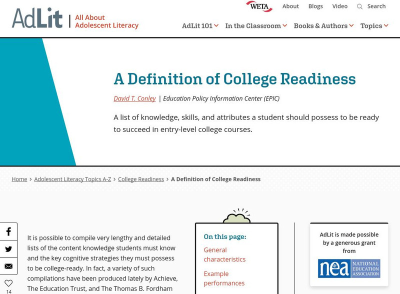 Ad lit.org: A Definition of College Readiness Professional Doc Ad lit.org: A Definition of College Readiness Professional Doc