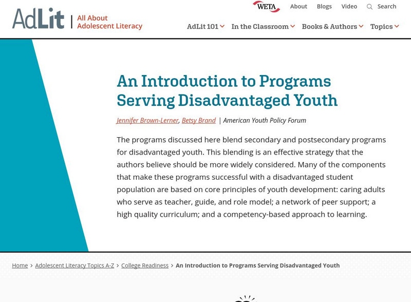 Ad lit.org: An Introduction to Programs Serving Disadvantaged Youth Professional Doc Ad lit.org: An Introduction to Programs Serving Disadvantaged Youth Professional Doc
