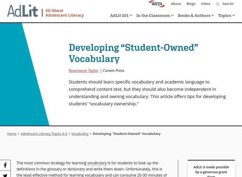 Ad lit.org: Developing "Student Owned" Vocabulary Professional Doc Ad lit.org: Developing "Student Owned" Vocabulary Professional Doc