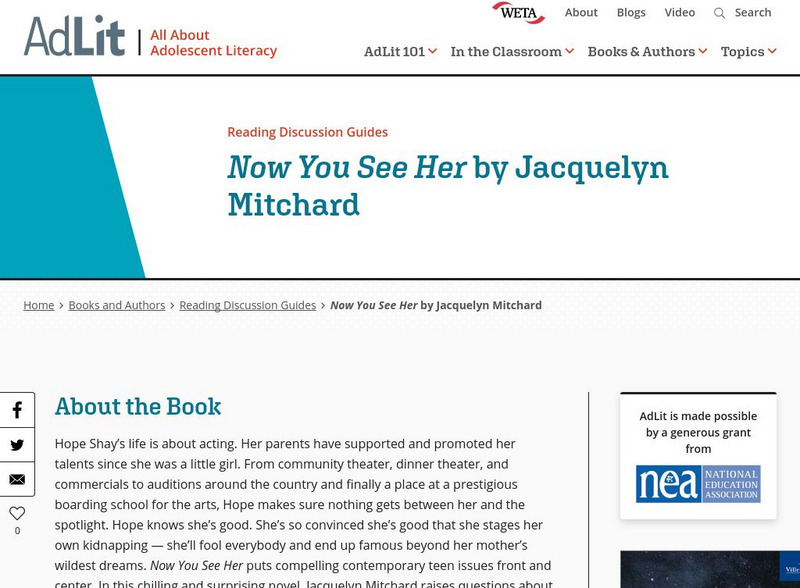 Ad lit.org: Reading Discussion Guide: Now You See Her by Jacquelyn Mitchard Professional Doc Ad lit.org: Reading Discussion Guide: Now You See Her by Jacquelyn Mitchard Professional Doc