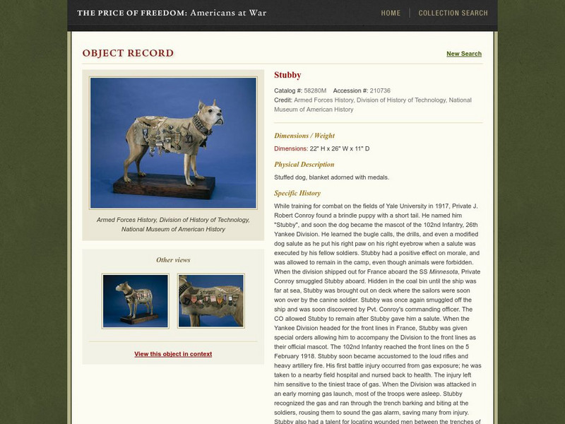 National Museum of American History: Price of Freedom: Stubby (Canine Mascot and Hero) Handout