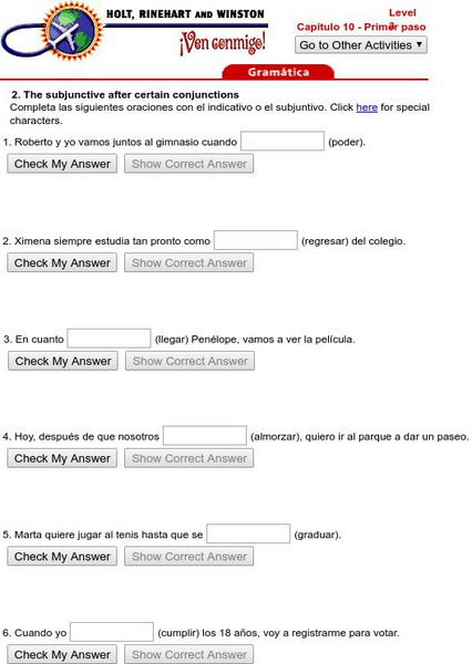 Holt, Rinehart and Winston: Ven Conmigo! The Subjunctive After Certain Conjunctions, Capitulo 10 Unit Plan Holt, Rinehart and Winston: Ven Conmigo! The Subjunctive After Certain Conjunctions, Capitulo 10 Unit Plan
