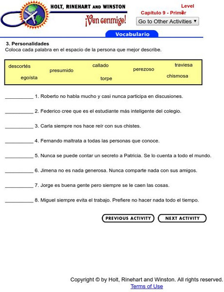 Holt, Rinehart and Winston: Ven Conmigo! Personalidades, Capitulo 9 (Spanish) Unknown Type Holt, Rinehart and Winston: Ven Conmigo! Personalidades, Capitulo 9 (Spanish) Unknown Type