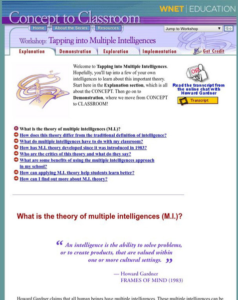 Wnet: Thirteen: Concept to Classroom: Tapping Into Multiple Intelligences Article