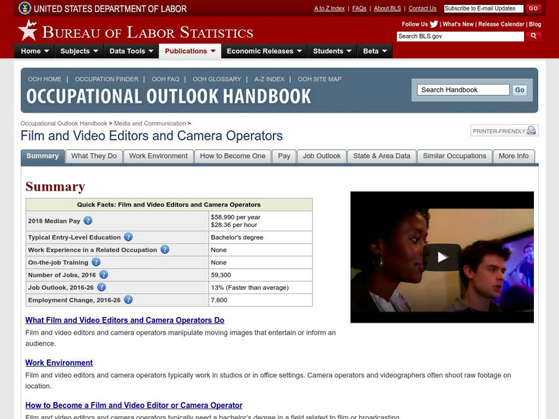 Bureau of Labor Statistics: Film and Video Editors and Camera Operators Handout Bureau of Labor Statistics: Film and Video Editors and Camera Operators Handout