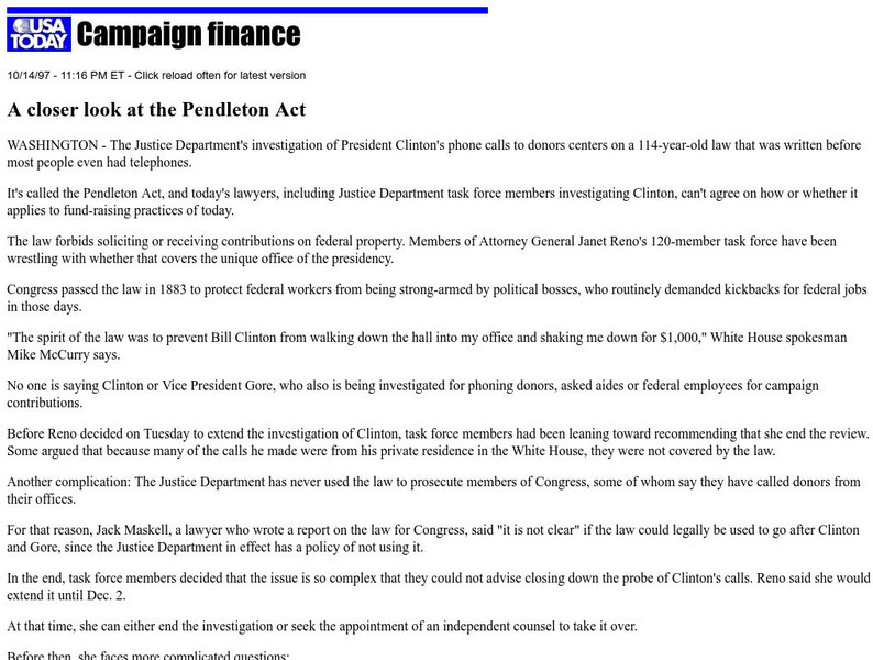 Campaign Finance: A Closer Look at the Pendleton Act and President Clinton Handout Campaign Finance: A Closer Look at the Pendleton Act and President Clinton Handout