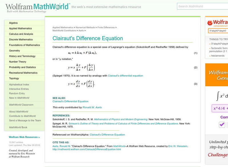 Wolfram Math World: Clairaut's Difference Equation Handout Wolfram Math World: Clairaut's Difference Equation Handout