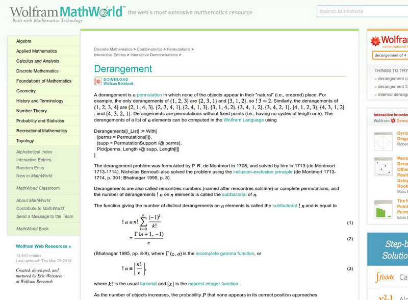 Wolfram Math World: Derangements Website Wolfram Math World: Derangements Website