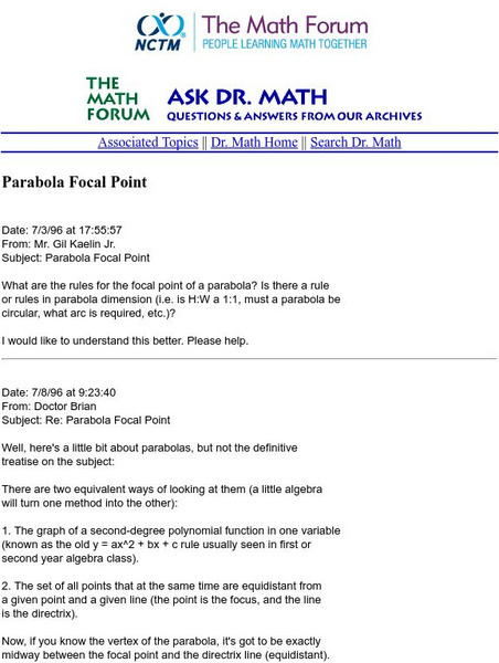The Math Forum: Ask Dr. Math: Parabola Focal Point Website The Math Forum: Ask Dr. Math: Parabola Focal Point Website