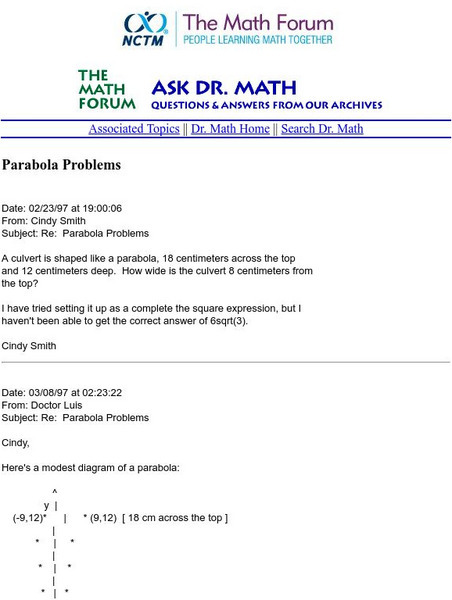 The Math Forum: Ask Dr. Math: Parabola Problems Website The Math Forum: Ask Dr. Math: Parabola Problems Website