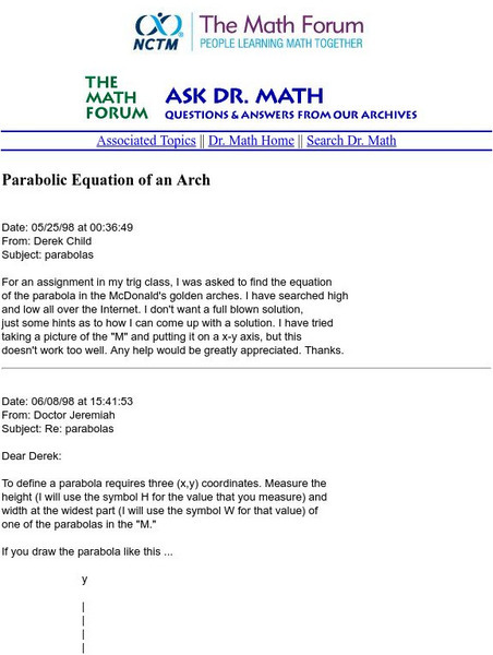 The Math Forum: Ask Dr. Math: Parabolic Equation of an Arch Website The Math Forum: Ask Dr. Math: Parabolic Equation of an Arch Website
