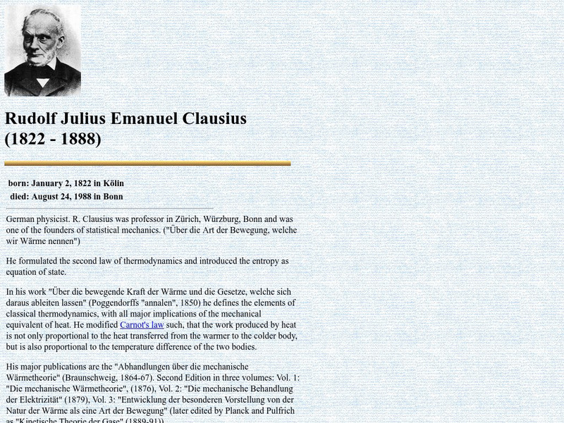 University of Waterloo: Rudolf Julius Emanuel Clausius Website University of Waterloo: Rudolf Julius Emanuel Clausius Website
